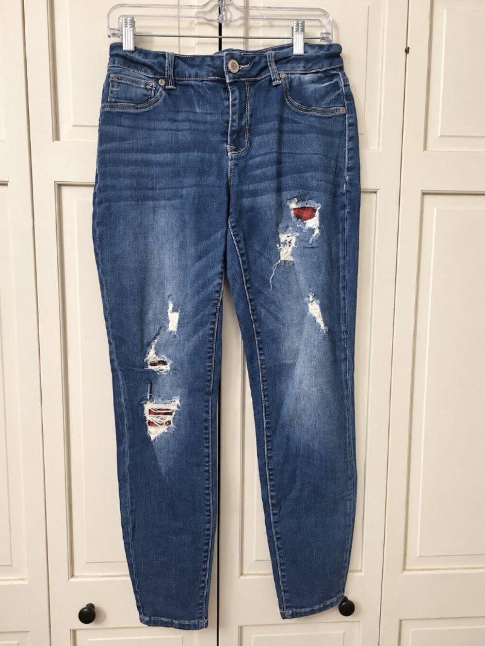 Maurices Distressed Skinny Jeans Plaid Patch Medium Regular